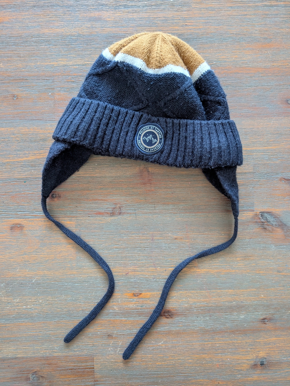 Kids Earflap Knit Hat with Ties - Navy & Tan